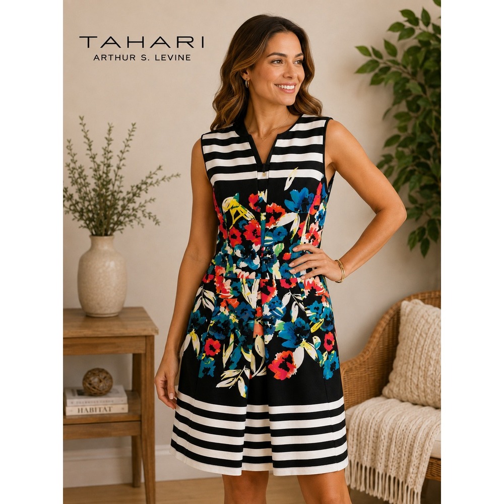 Tahari Arthur S. Levine Floral Striped Sleeveless Fit Flare Dress Black White 10